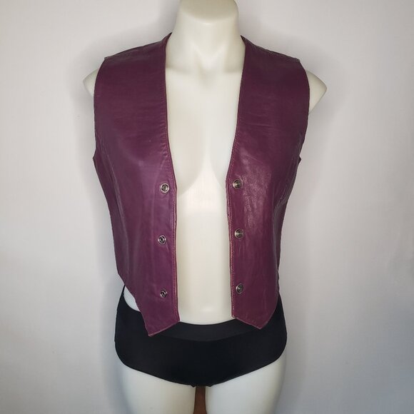 Vintage VTG Purple Leather Vest w Hand Painted Silver Details and Metal Snaps - Picture 4 of 13